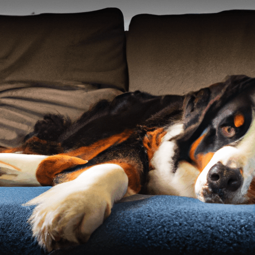 Burmese mountain dog exhausted on the couch
