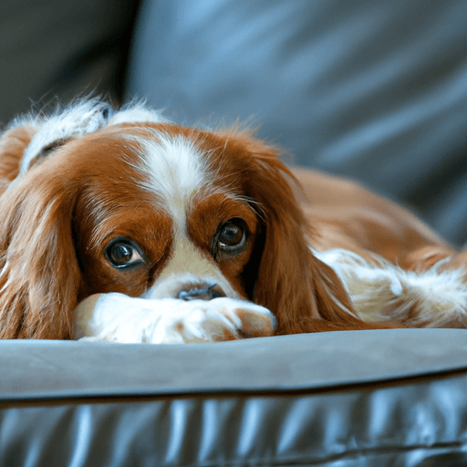 The cute Cavalier King Charles laying on a bed