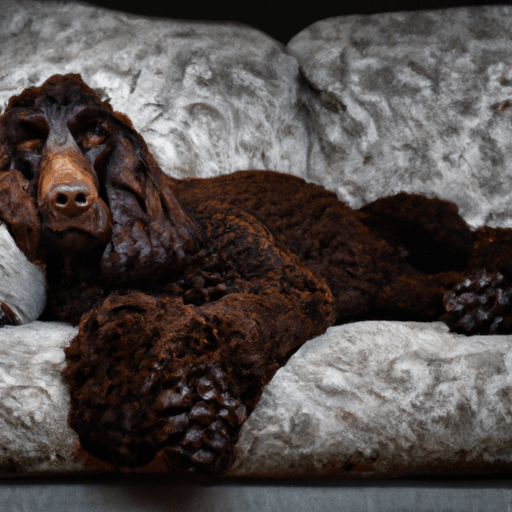 Dark colored water spaniel laying on the couch