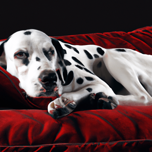 Is black-and-white dog on red couch